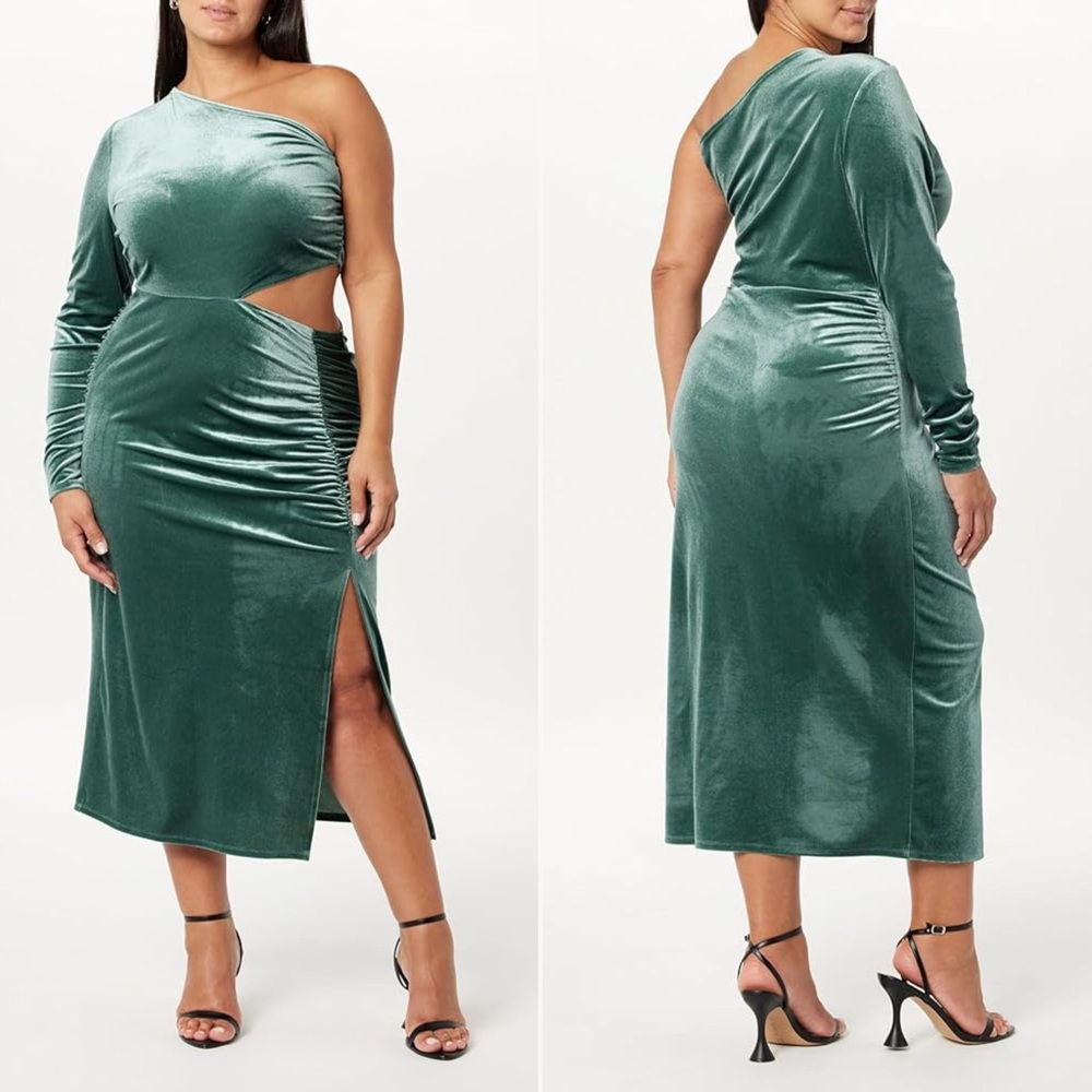 NWT | The Drop | Lia One-Shoulder Cutout Velvet Midi Dress in Sage Leaf | Sz 3X